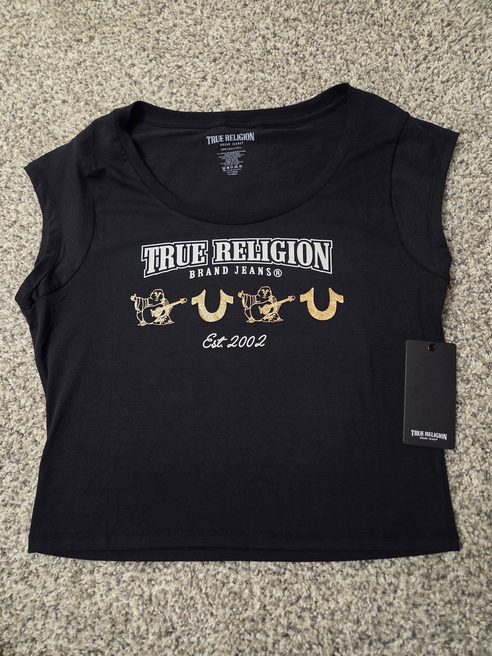 True Religion Black Crop Top with Gold Logo Accents